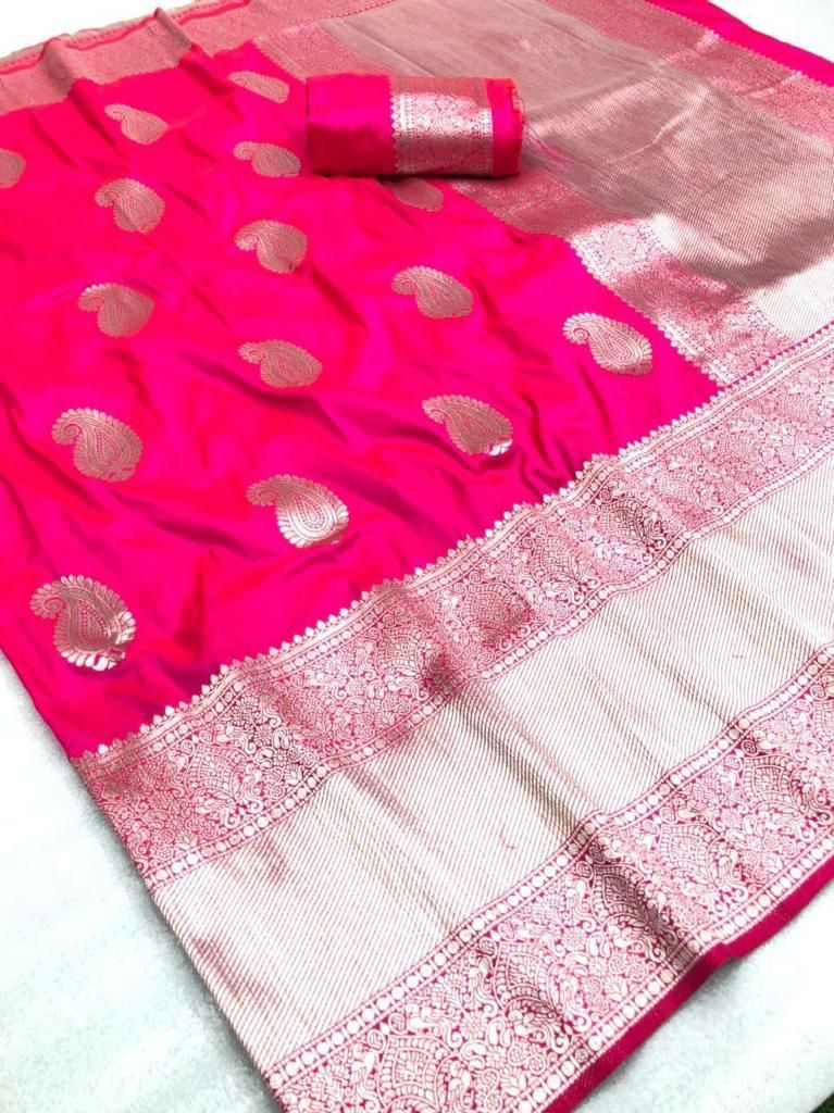 Magnificat Pink Banarasi Silk Saree With Glorious Blouse Piece