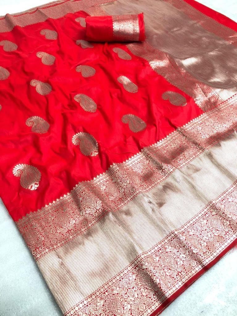 Tempting Red Banarasi Silk Saree With Pleasant Blouse Piece