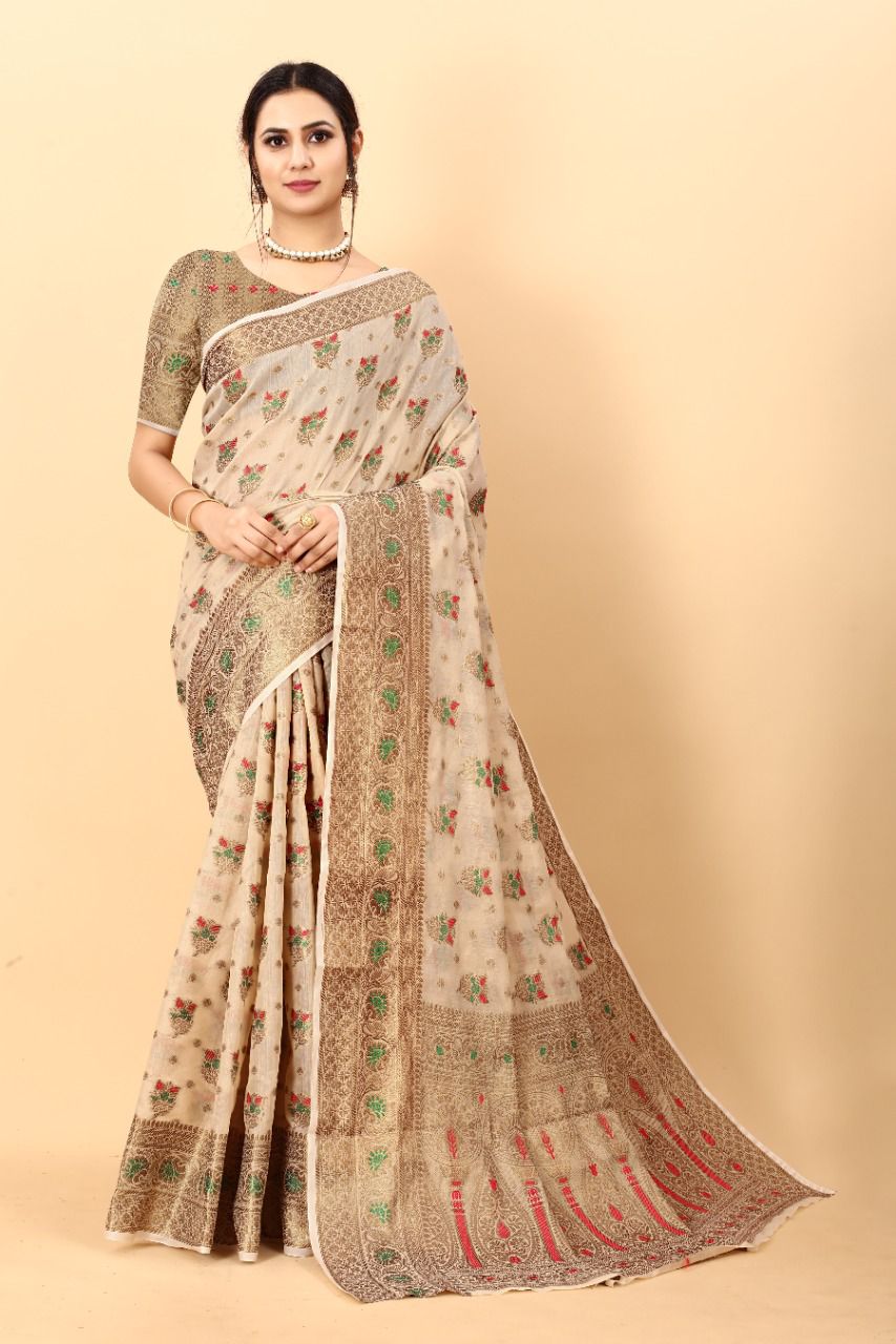 Supernal Beige Linen Silk Saree With Entrancing Blouse Piece