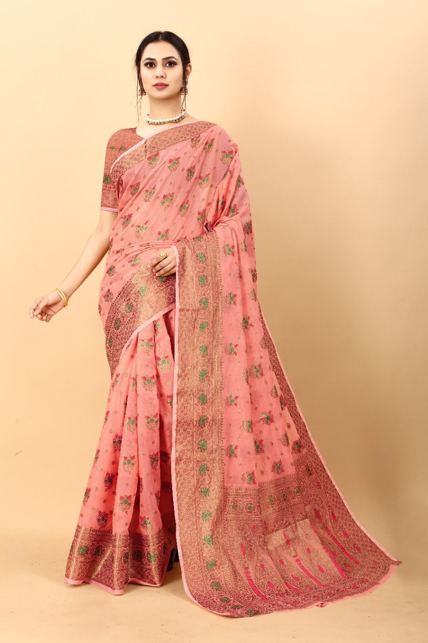 Prodigal Peach Linen Silk Saree With Inspiring Blouse Piece