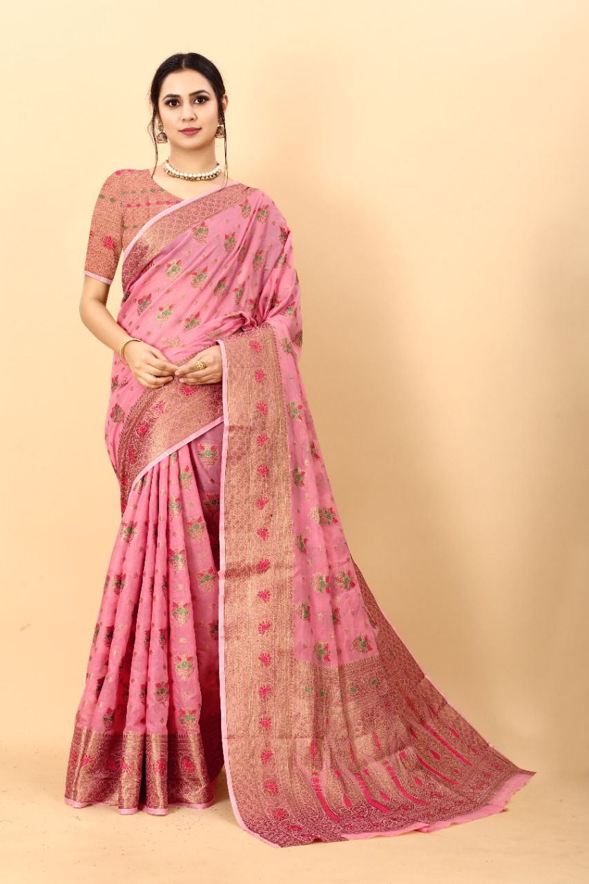 Improbable Pink Linen Silk Saree With Twirling Blouse Piece