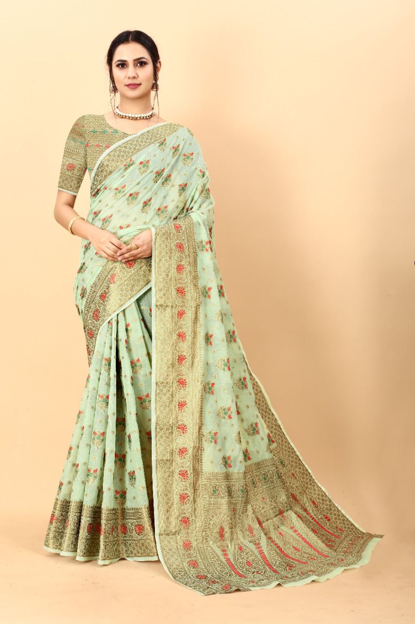 Exuberant Pista Linen Silk Saree With Most Stunning Blouse Piece