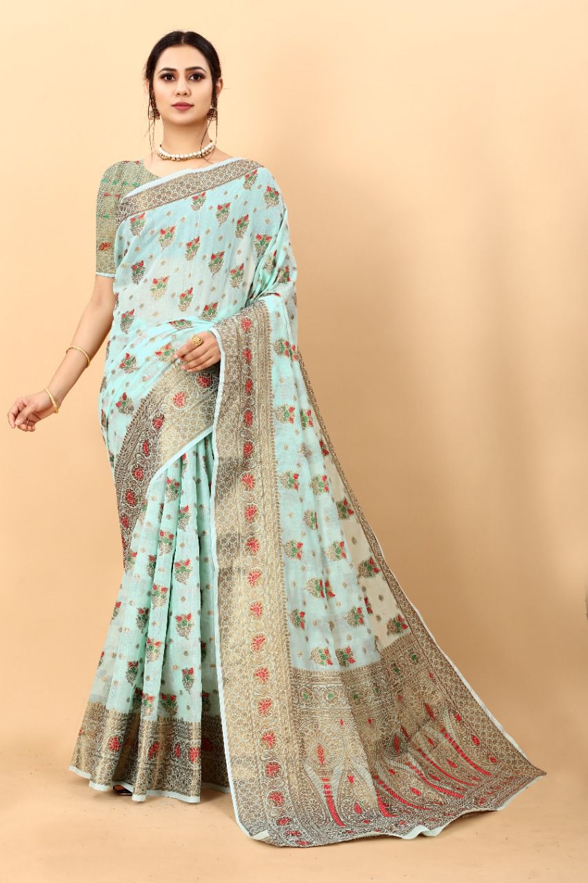 Profuse Sky Linen Silk Saree With Prettiest Blouse Piece