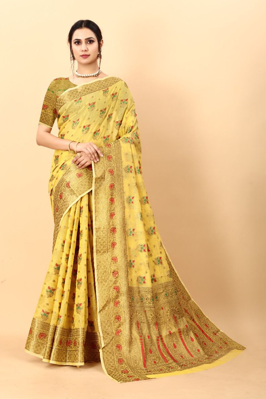 Easy on the eyes Yellow Linen Silk Saree With Desirable Blouse Piece