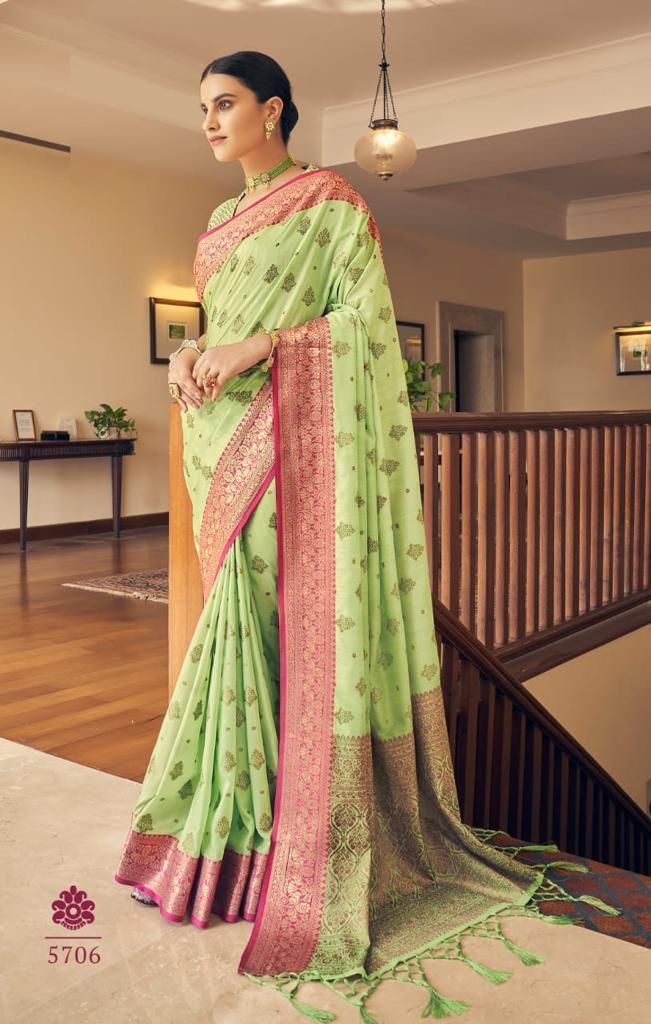 Vivacious Pista Banarasi Silk Saree With Exquisite Blouse Piece