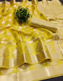 Incomparable Yellow Orgeanza Silk Saree With Most Flattering Blouse Piece