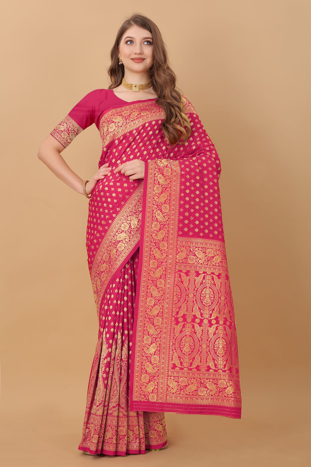 Demesne Dark Pink Banarasi Silk Saree With Enticing Blouse Piece