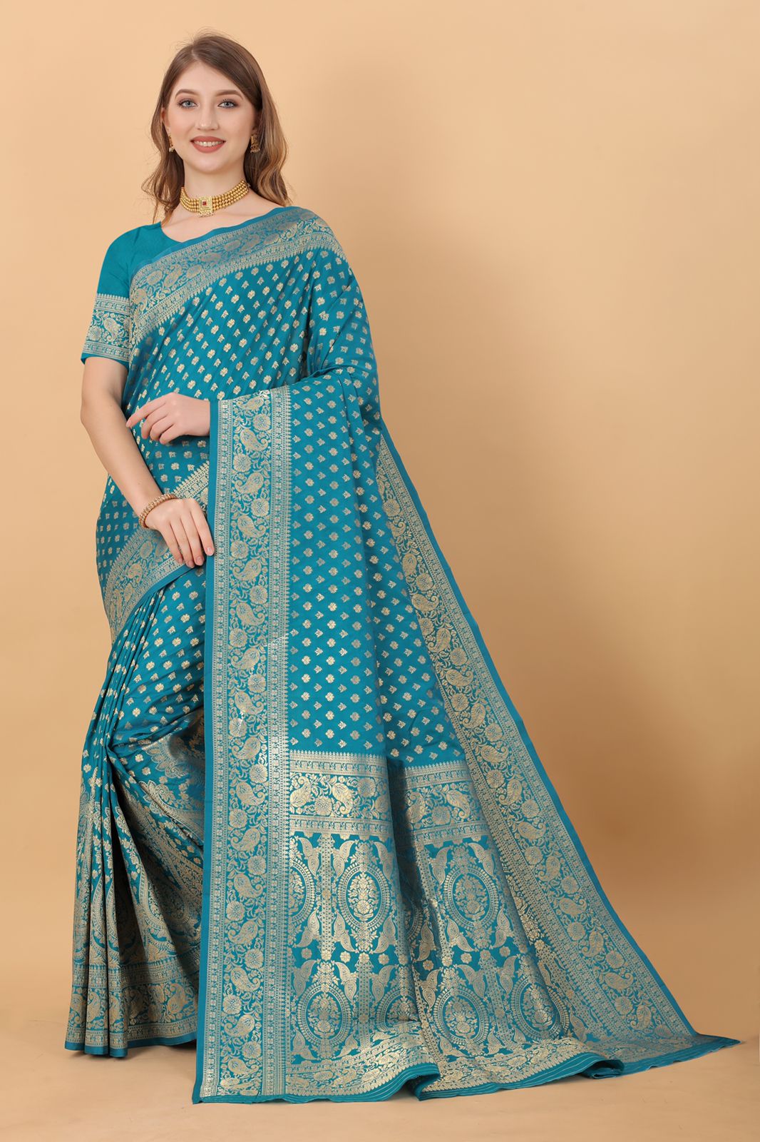 Allure Firozi Banarasi Silk Saree With Excellent Blouse Piece