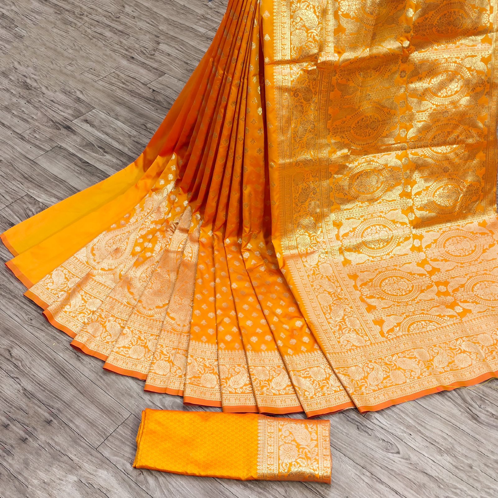 Scintillating Mustard Banarasi Silk Saree With Divine Blouse Piece