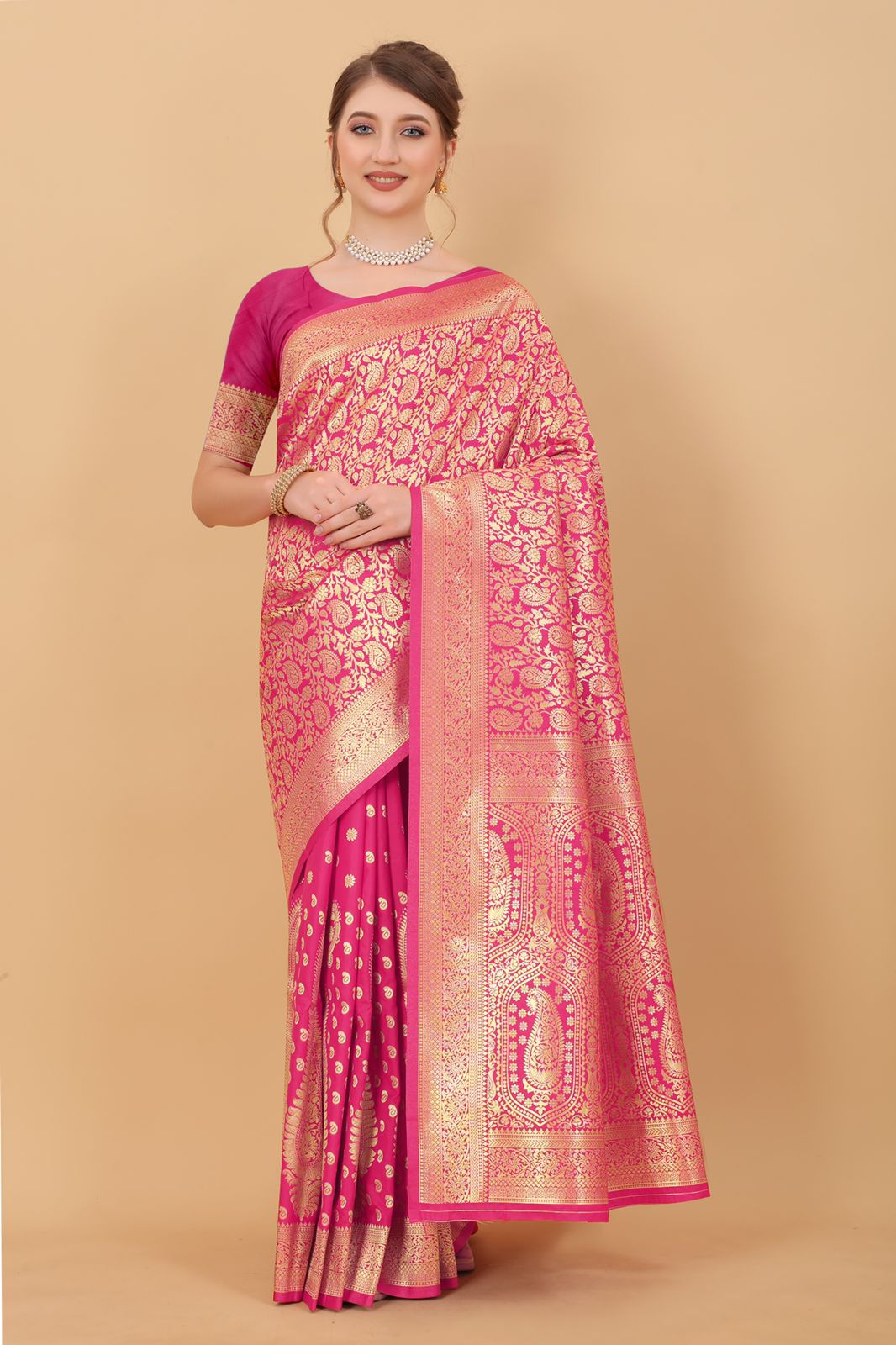 Desuetude Dark Pink Banarasi Silk Saree With Ailurophile Blouse Piece