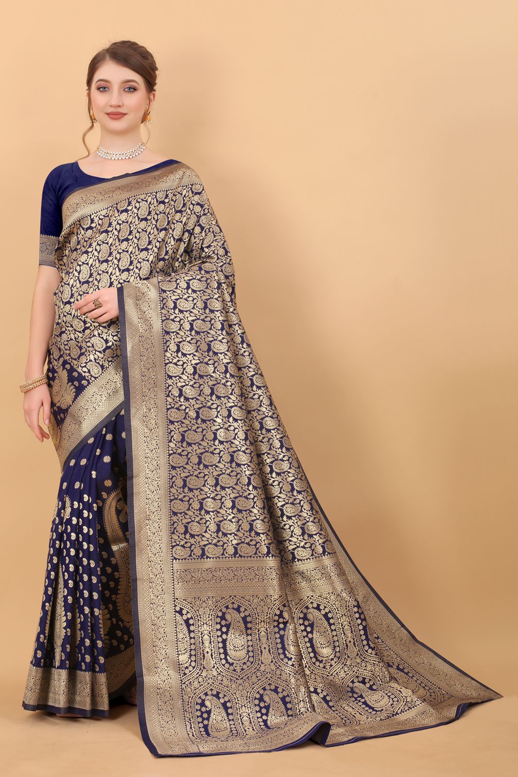 Demure Navy Blue Banarasi Silk Saree With Assemblage Blouse Piece