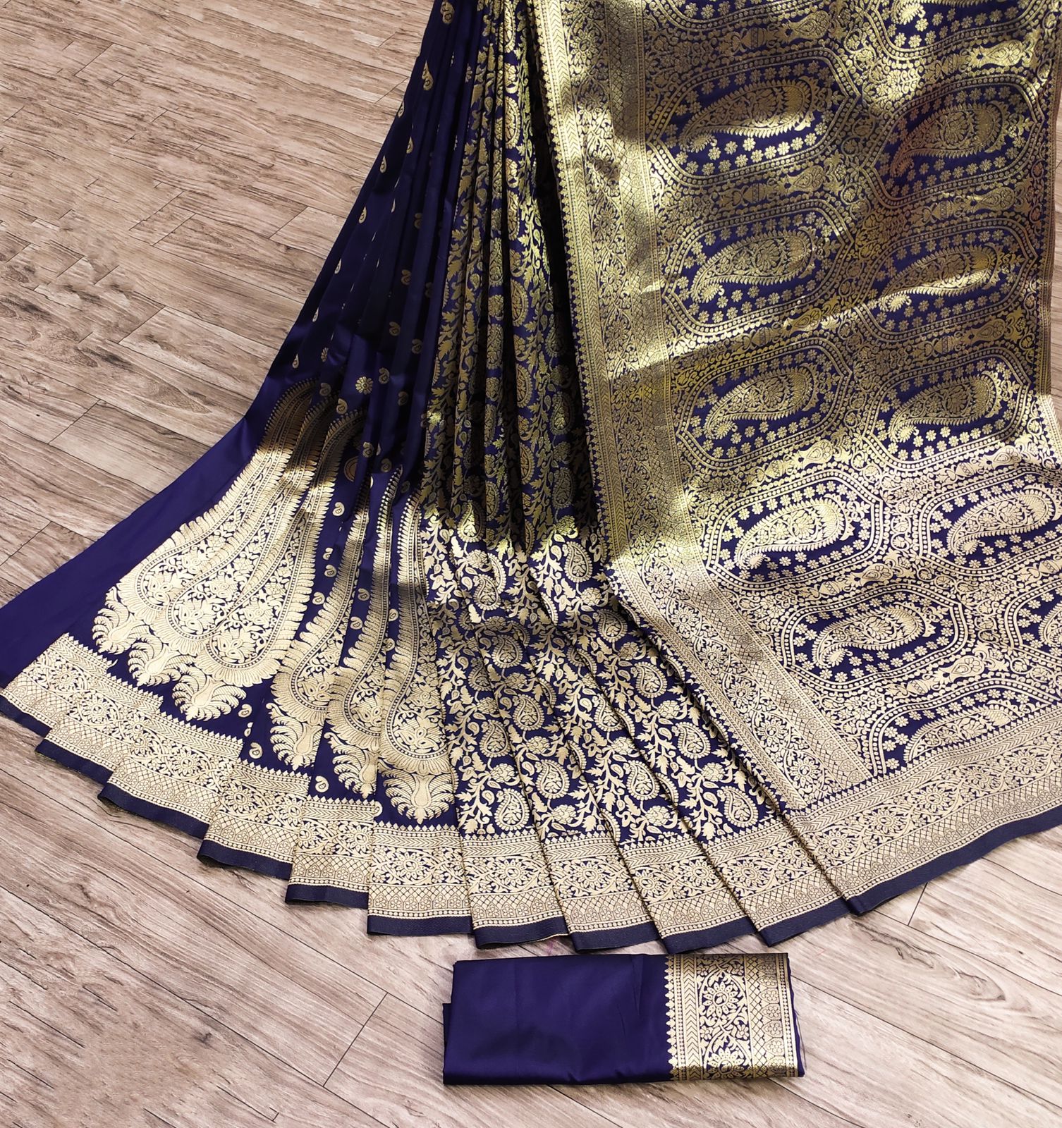 Demure Navy Blue Banarasi Silk Saree With Assemblage Blouse Piece