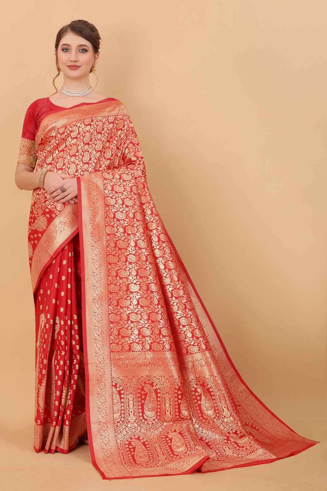 Panache Red Banarasi Silk Saree With Assemblage Blouse Piece