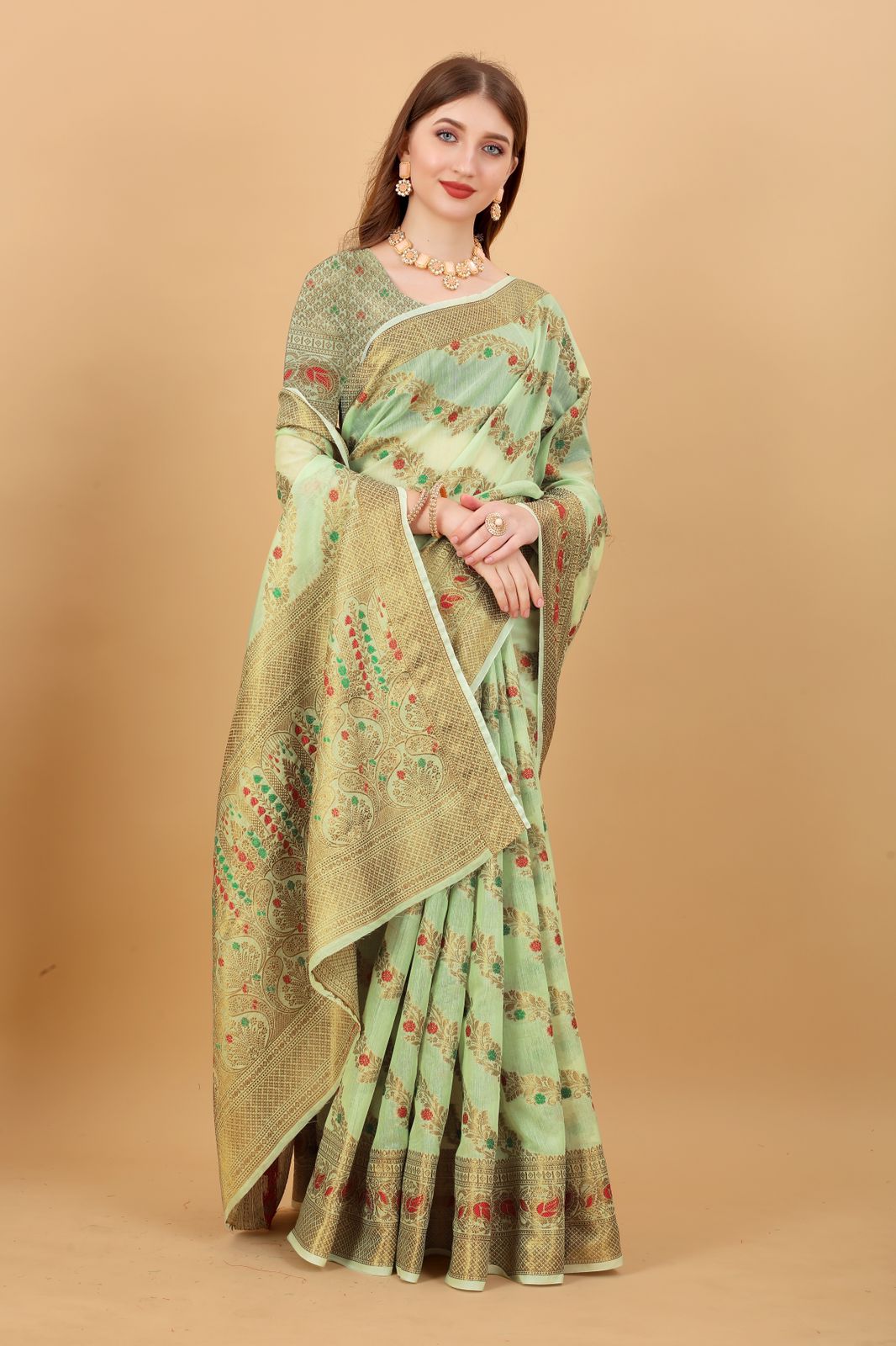 Classy Green Linen Silk With Nectarous Blouse Piece