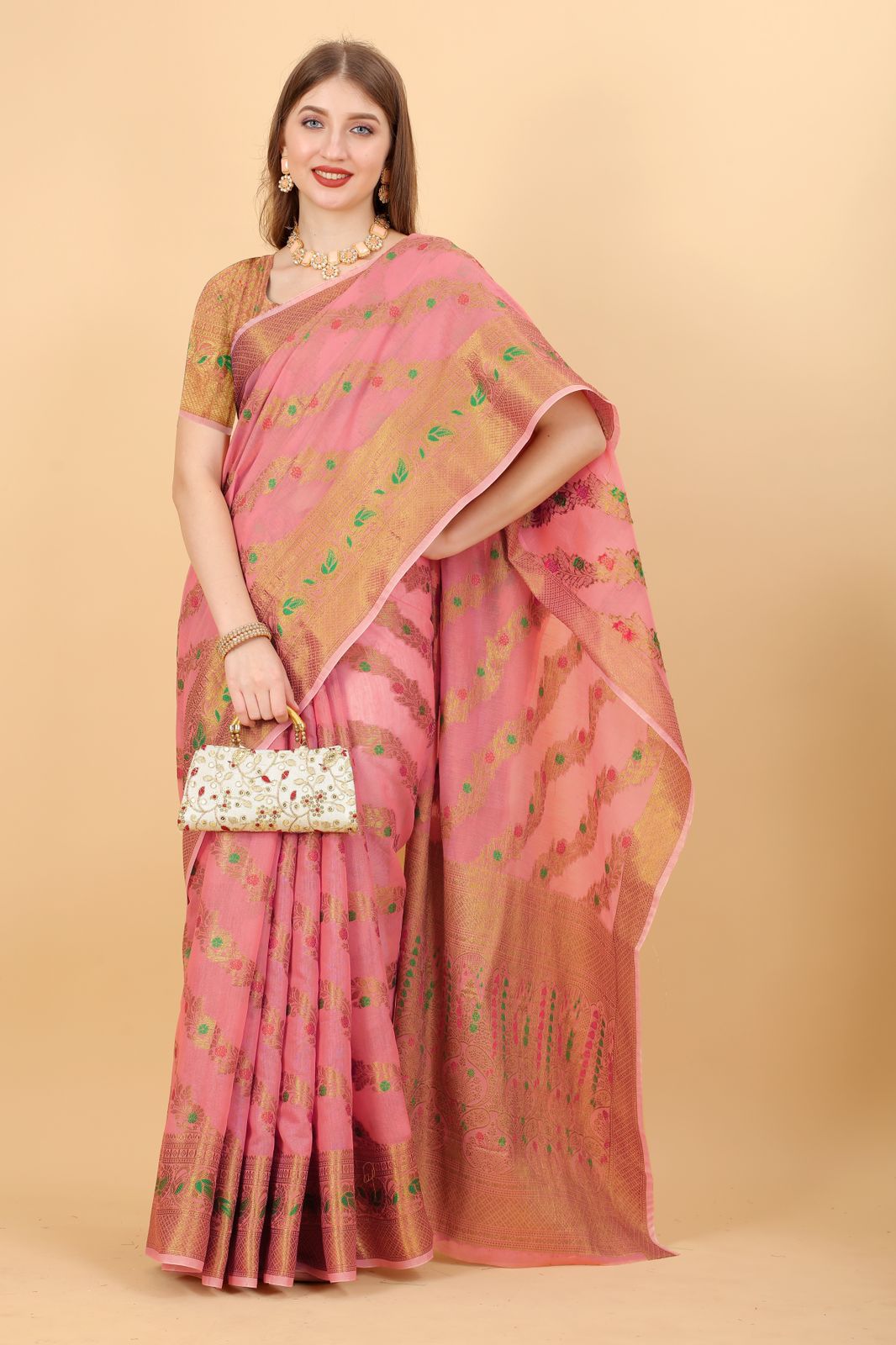 Elegant Pink Linen Silk With Sonorous Blouse Piece