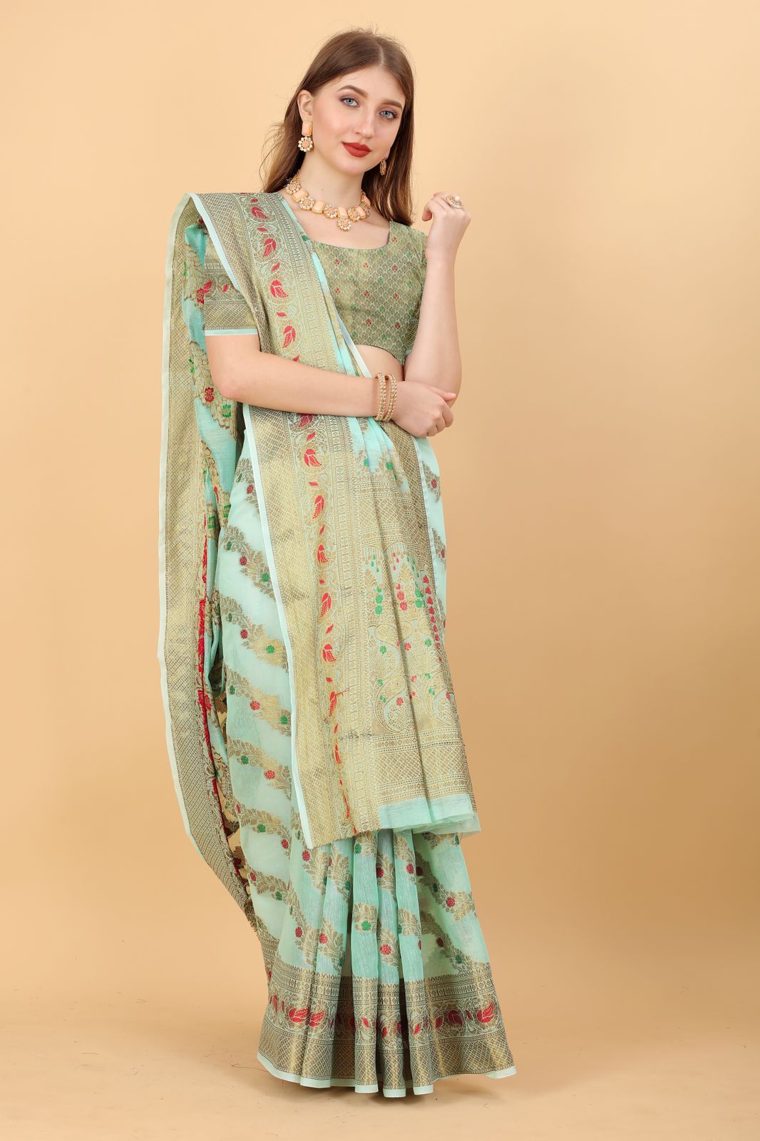 Amazing Sky Linen Silk With Verdant Blouse Piece