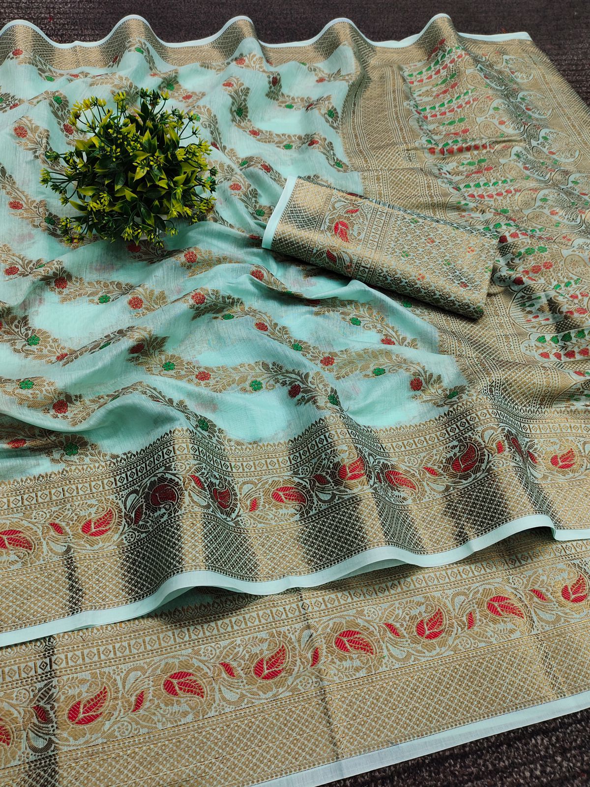 Amazing Sky Linen Silk With Verdant Blouse Piece