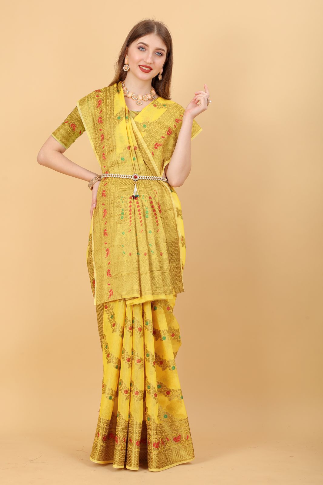 Innovative Yellow Linen Silk With Verdant Blouse Piece