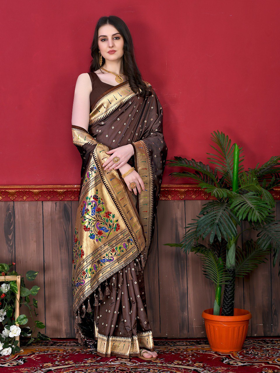 Petrichor Brown Paithani Silk Saree With Ephemeral Blouse Piece