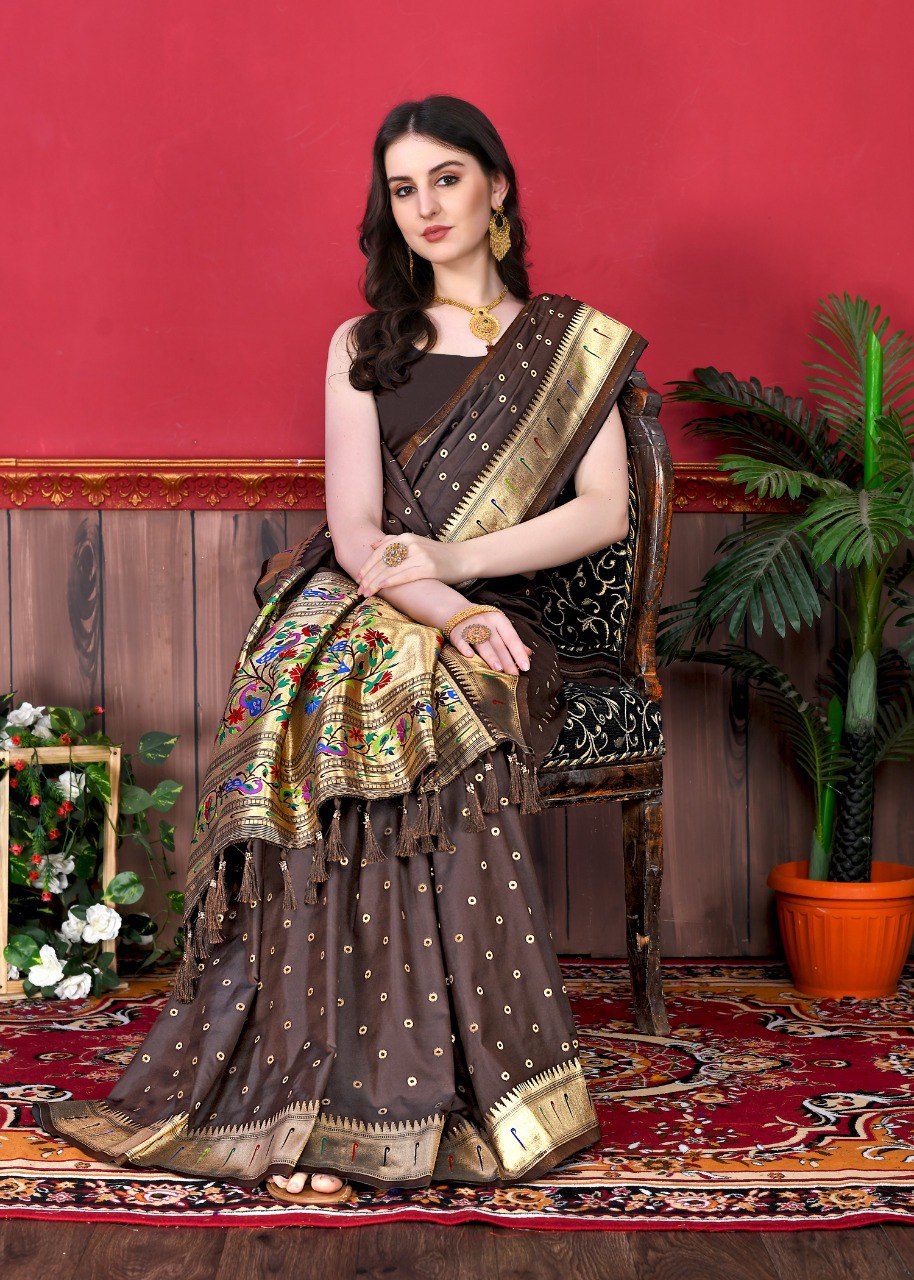 Petrichor Brown Paithani Silk Saree With Ephemeral Blouse Piece