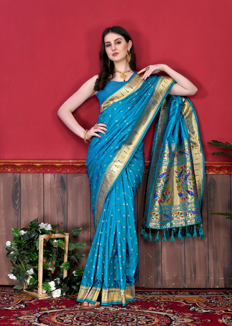 Panoply Firozi Paithani Silk Saree With Cynosure Blouse Piece