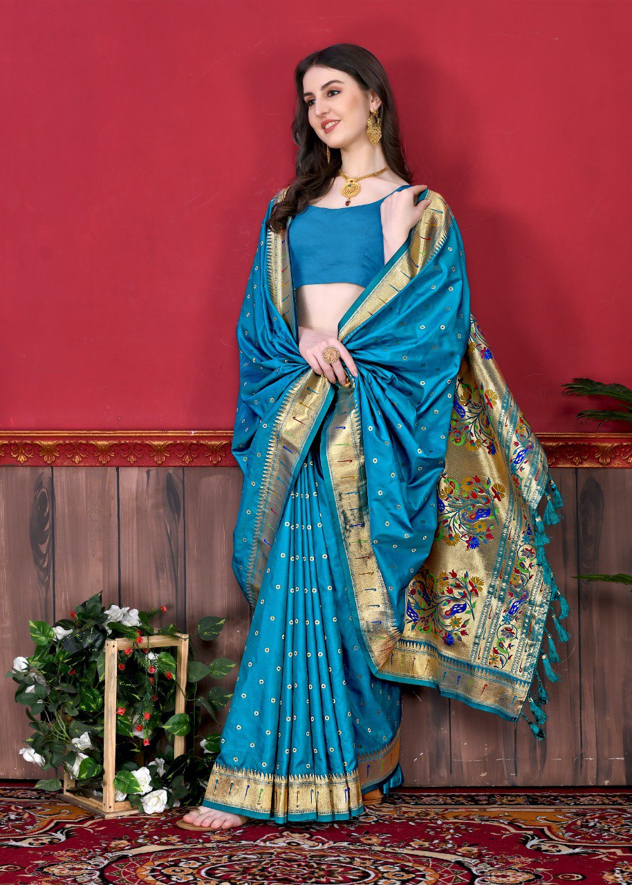 Panoply Firozi Paithani Silk Saree With Cynosure Blouse Piece