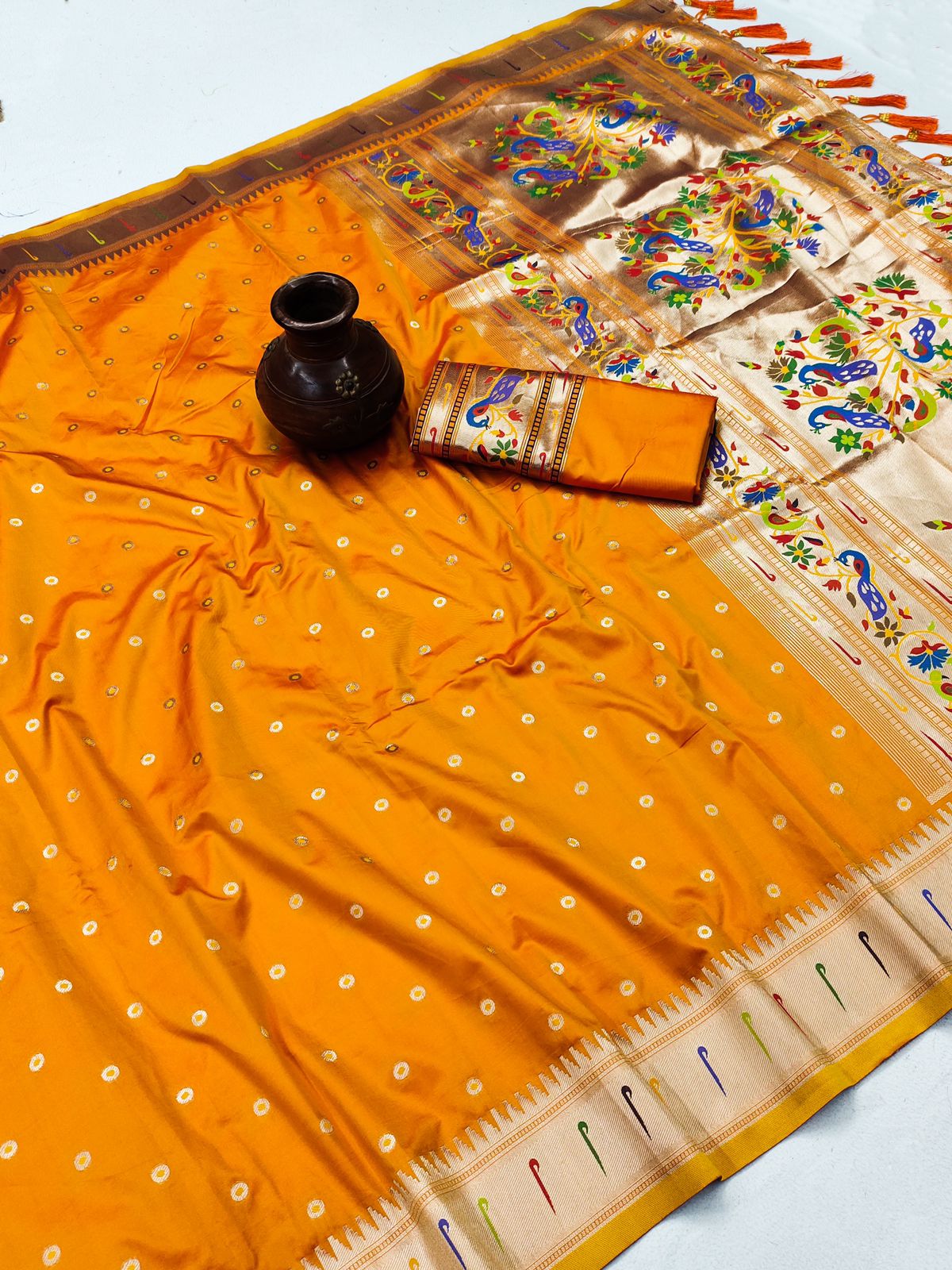 Palimpsest Orange Paithani Silk Saree With Ethereal Blouse Piece