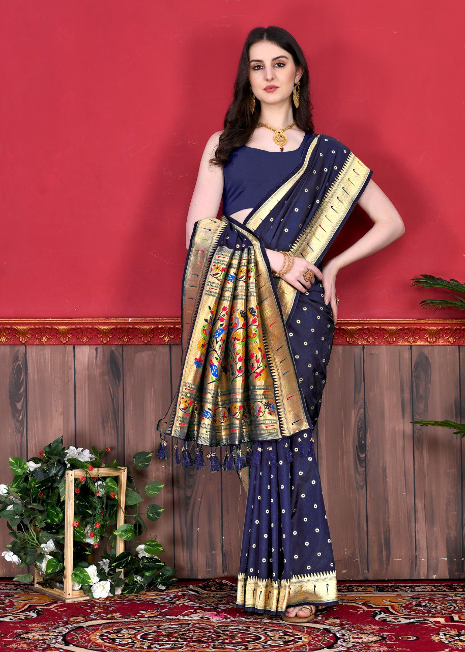 Angelic Navy Blue Paithani Silk Saree With Ephemeral Blouse Piece