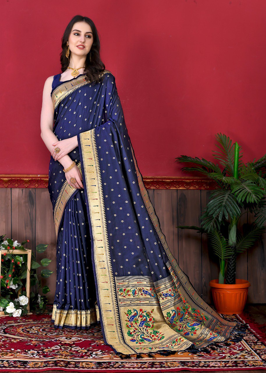 Angelic Navy Blue Paithani Silk Saree With Ephemeral Blouse Piece