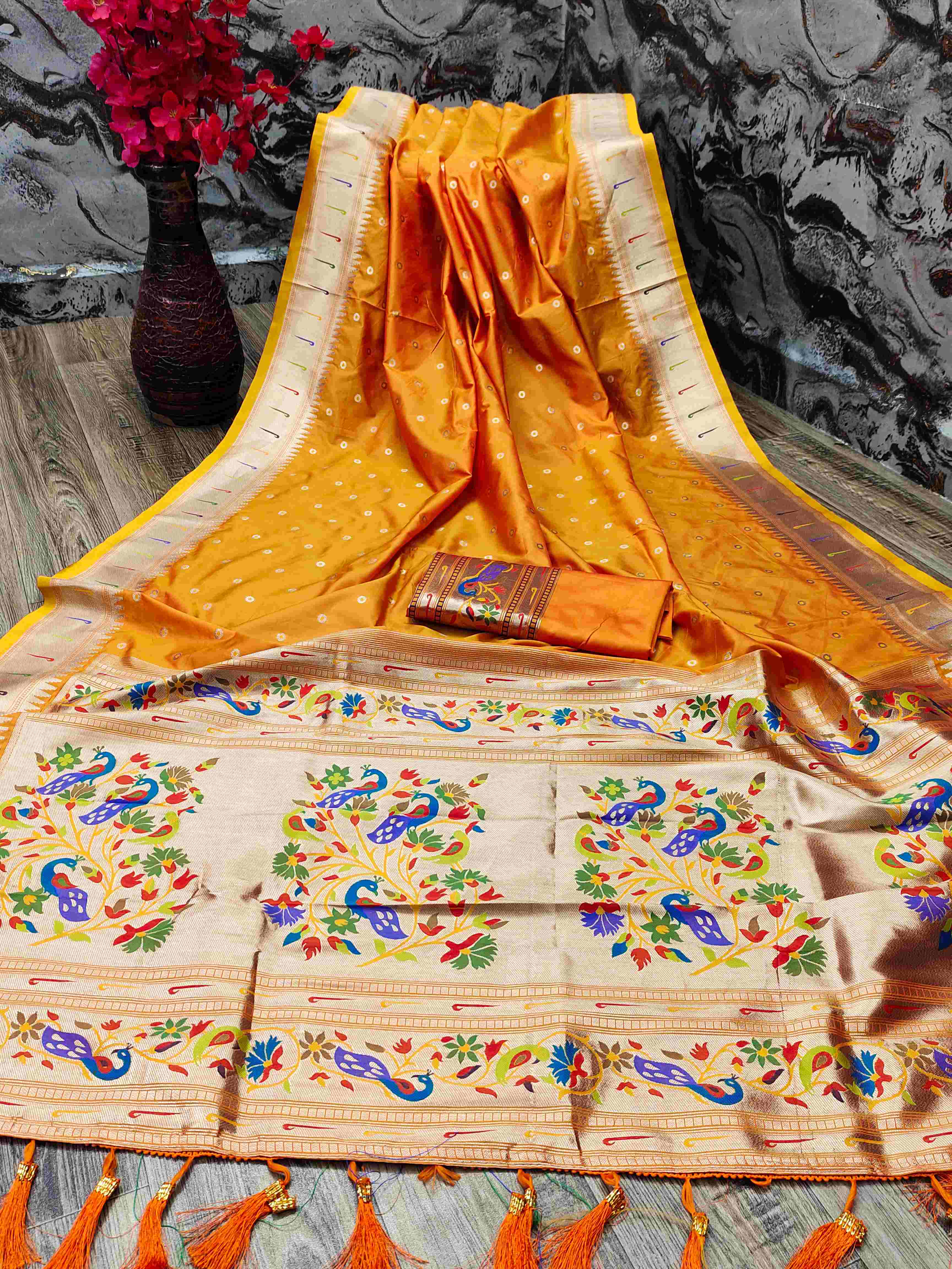 Palimpsest Orange Paithani Silk Saree With Ethereal Blouse Piece