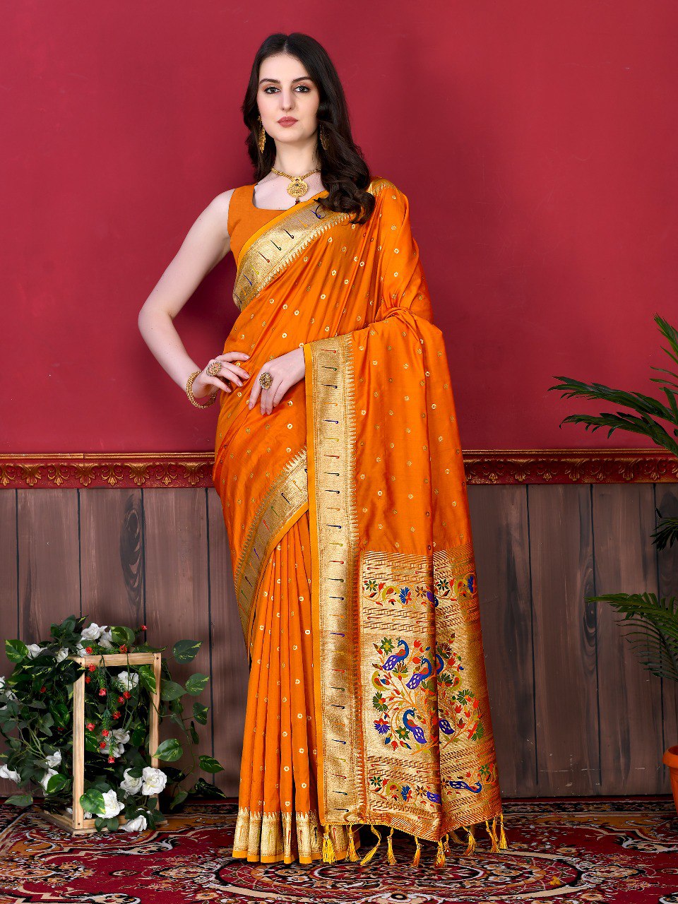 Palimpsest Orange Paithani Silk Saree With Ethereal Blouse Piece