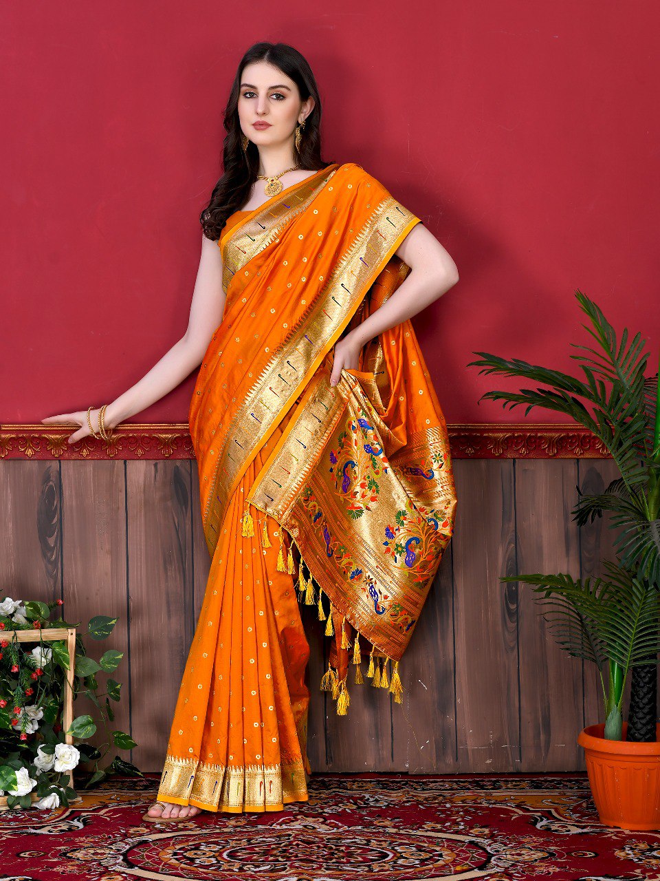 Palimpsest Orange Paithani Silk Saree With Ethereal Blouse Piece