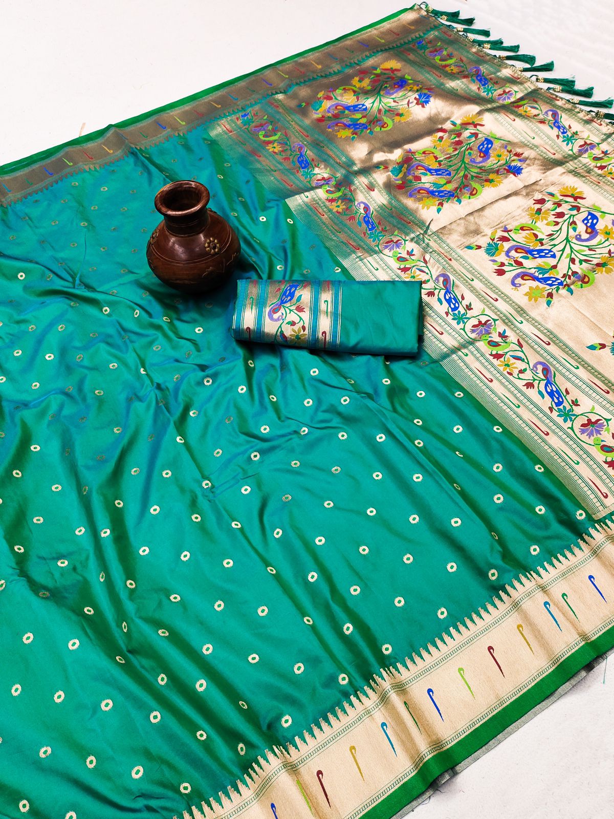 Murmurous Rama Paithani Silk Saree With Embellished Blouse Piece