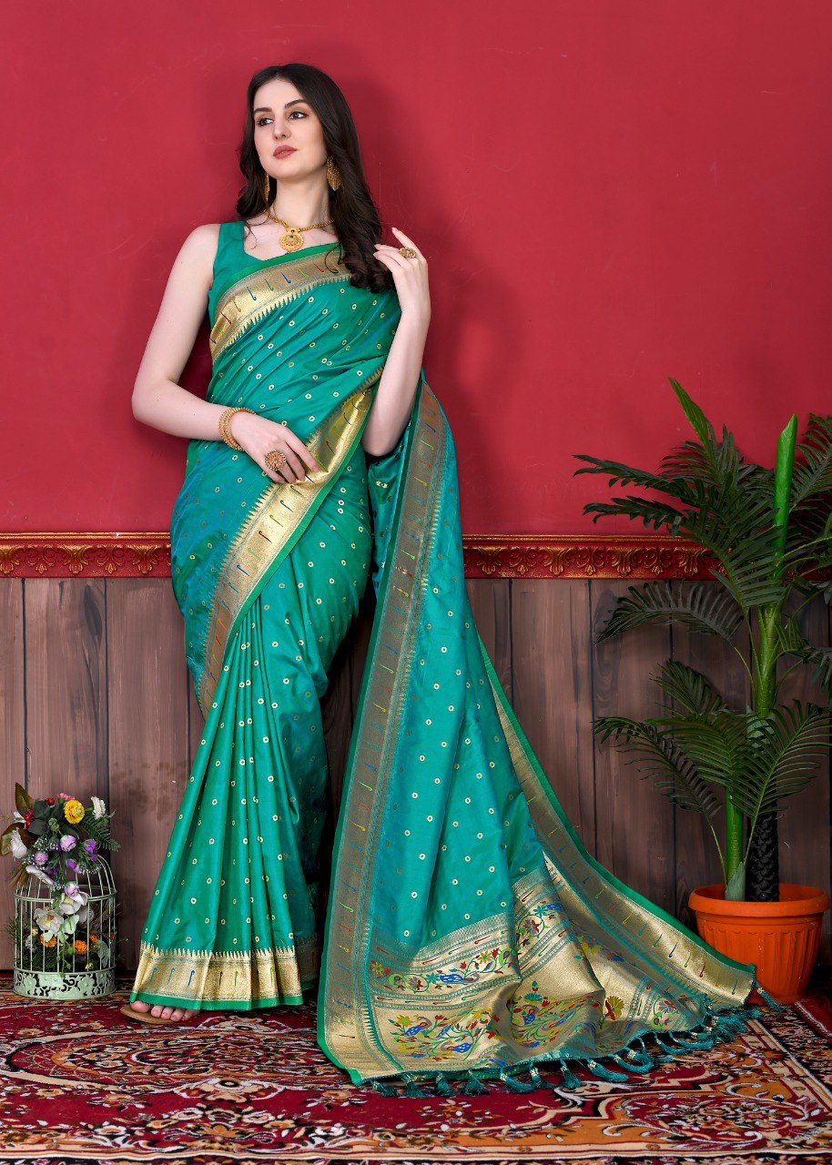 Murmurous Rama Paithani Silk Saree With Embellished Blouse Piece