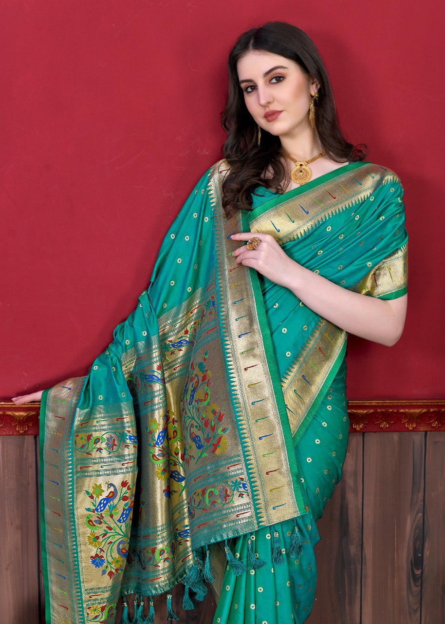 Murmurous Rama Paithani Silk Saree With Embellished Blouse Piece