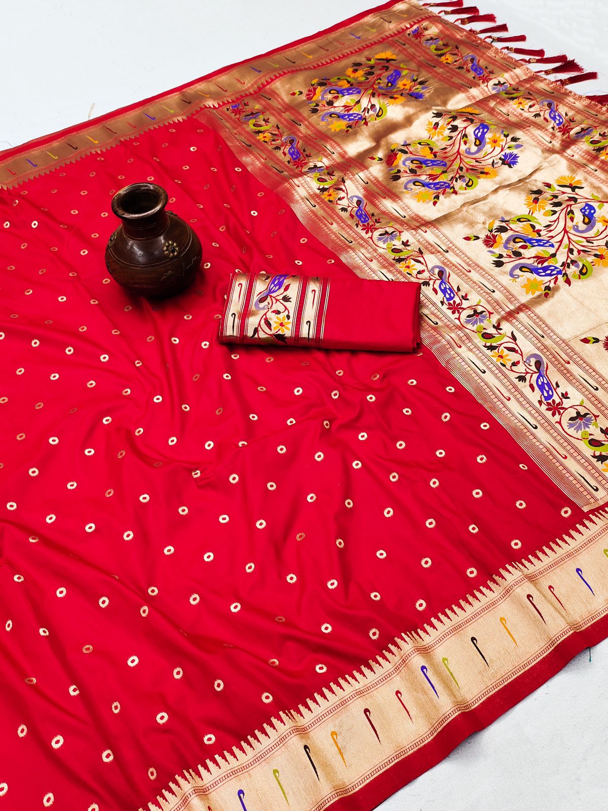 Moiety Red Paithani Silk Saree With Winsome Blouse Piece