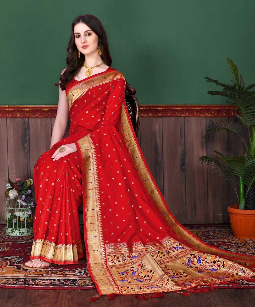 Moiety Red Paithani Silk Saree With Winsome Blouse Piece