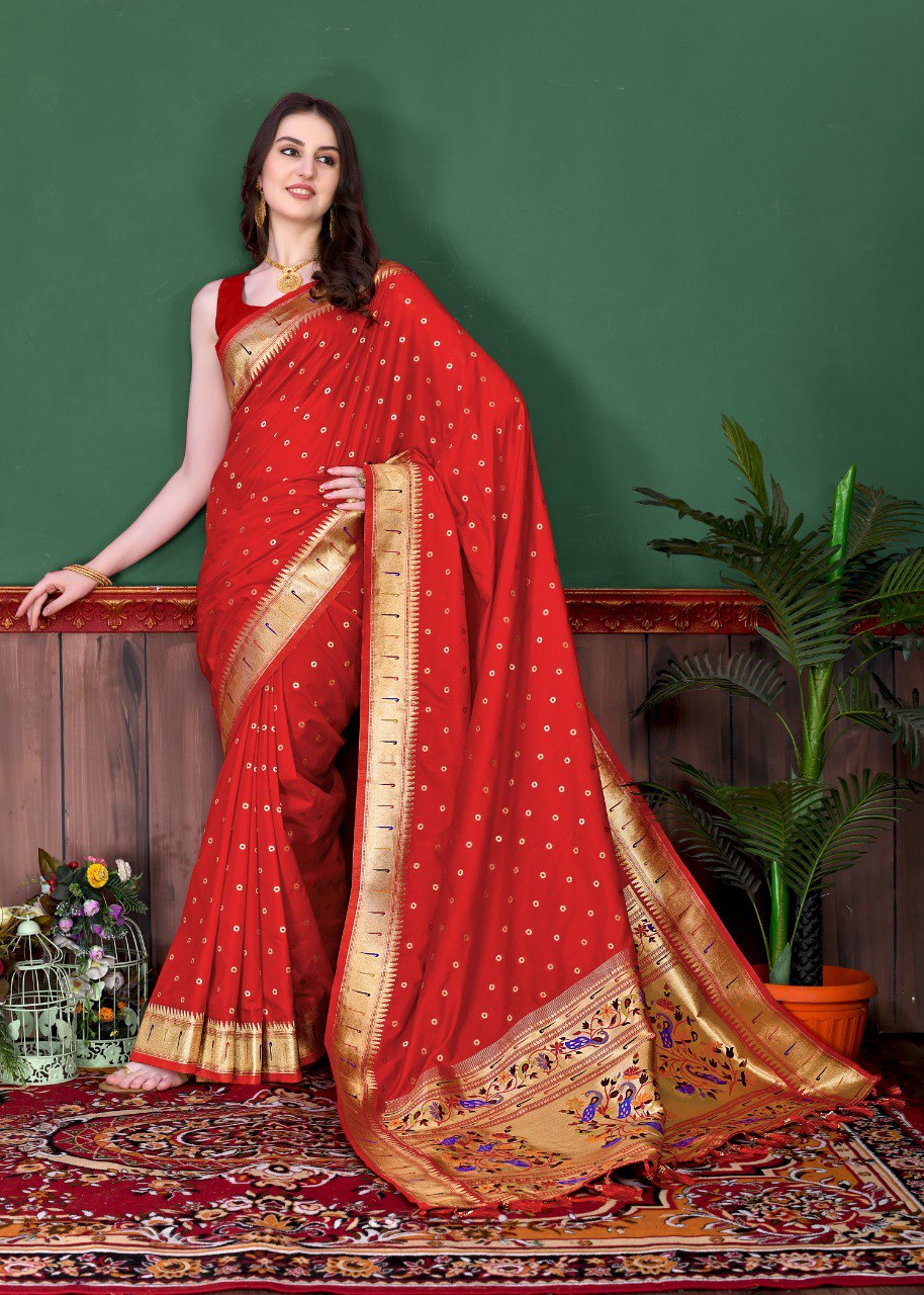 Moiety Red Paithani Silk Saree With Winsome Blouse Piece