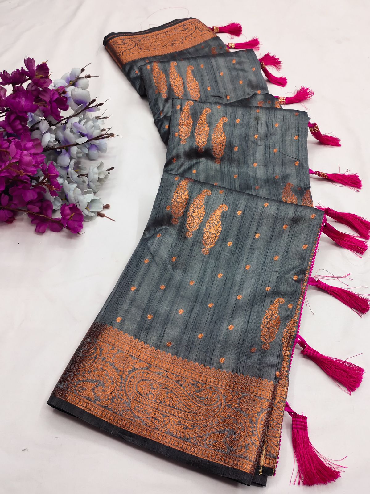 Traditional Grey Soft Banarasi Silk Saree With Dulcet Blouse Piece