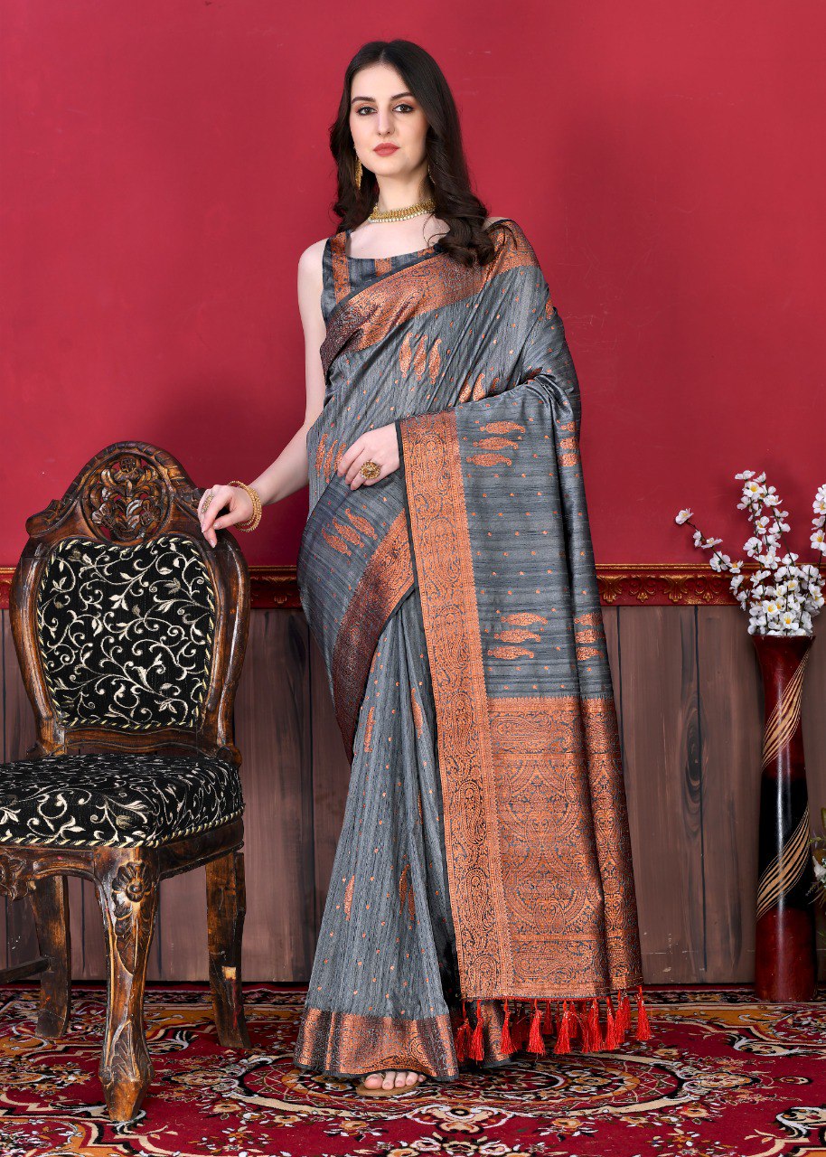 Traditional Grey Soft Banarasi Silk Saree With Dulcet Blouse Piece