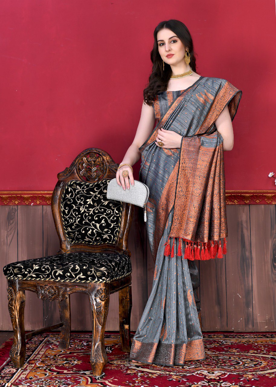 Traditional Grey Soft Banarasi Silk Saree With Dulcet Blouse Piece