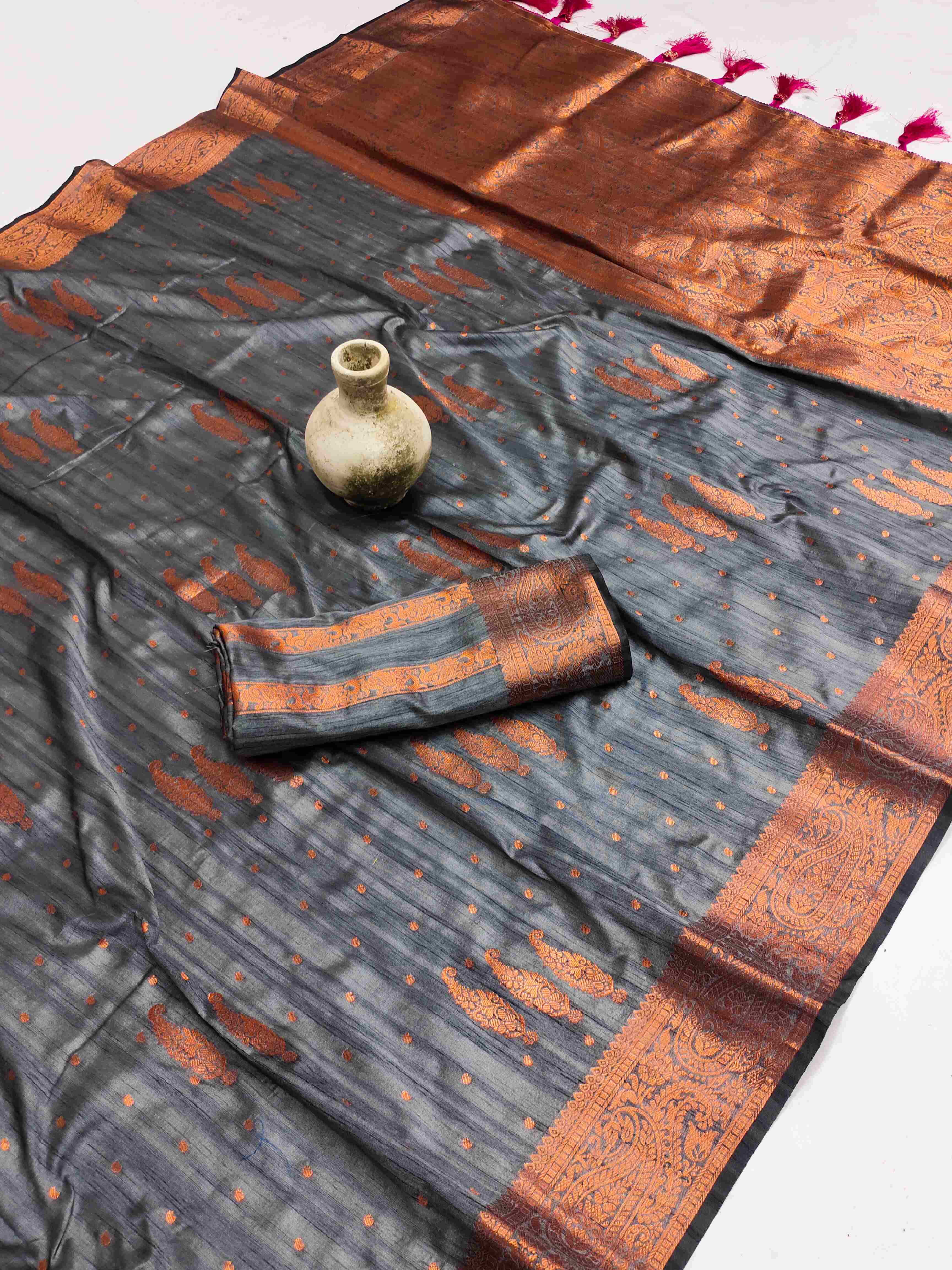 Traditional Grey Soft Banarasi Silk Saree With Dulcet Blouse Piece