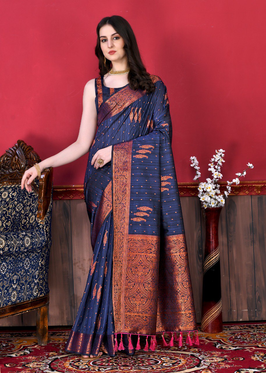 Scintilla Navy Blue Soft Banarasi Silk Saree With Beauteous Blouse Piece