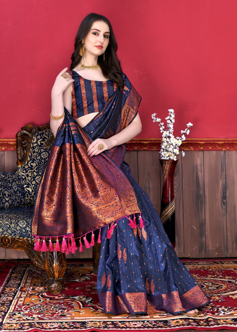 Scintilla Navy Blue Soft Banarasi Silk Saree With Beauteous Blouse Piece