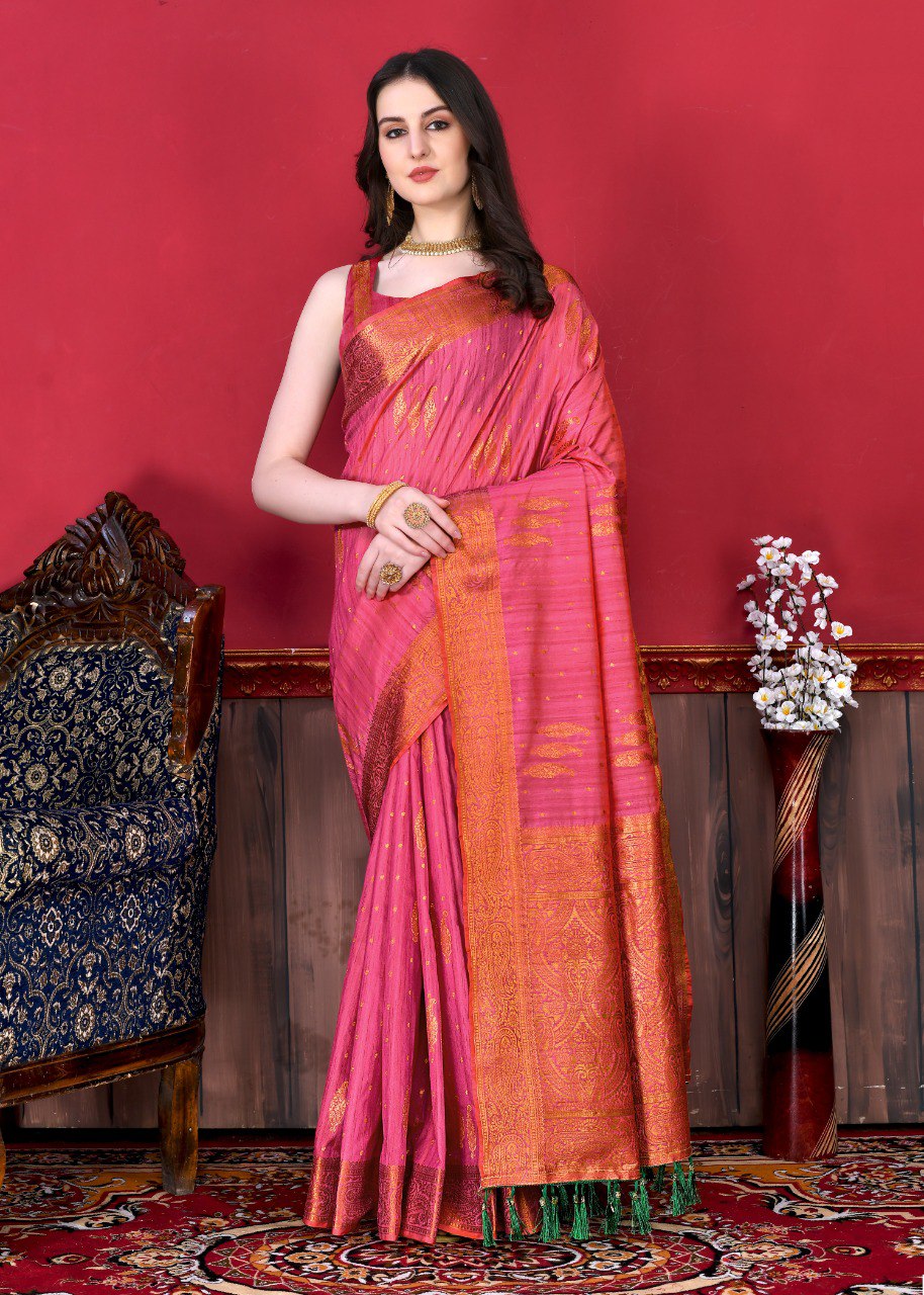 Super extravagant Pink Soft Banarasi Silk Saree With Embellished Blouse Piece