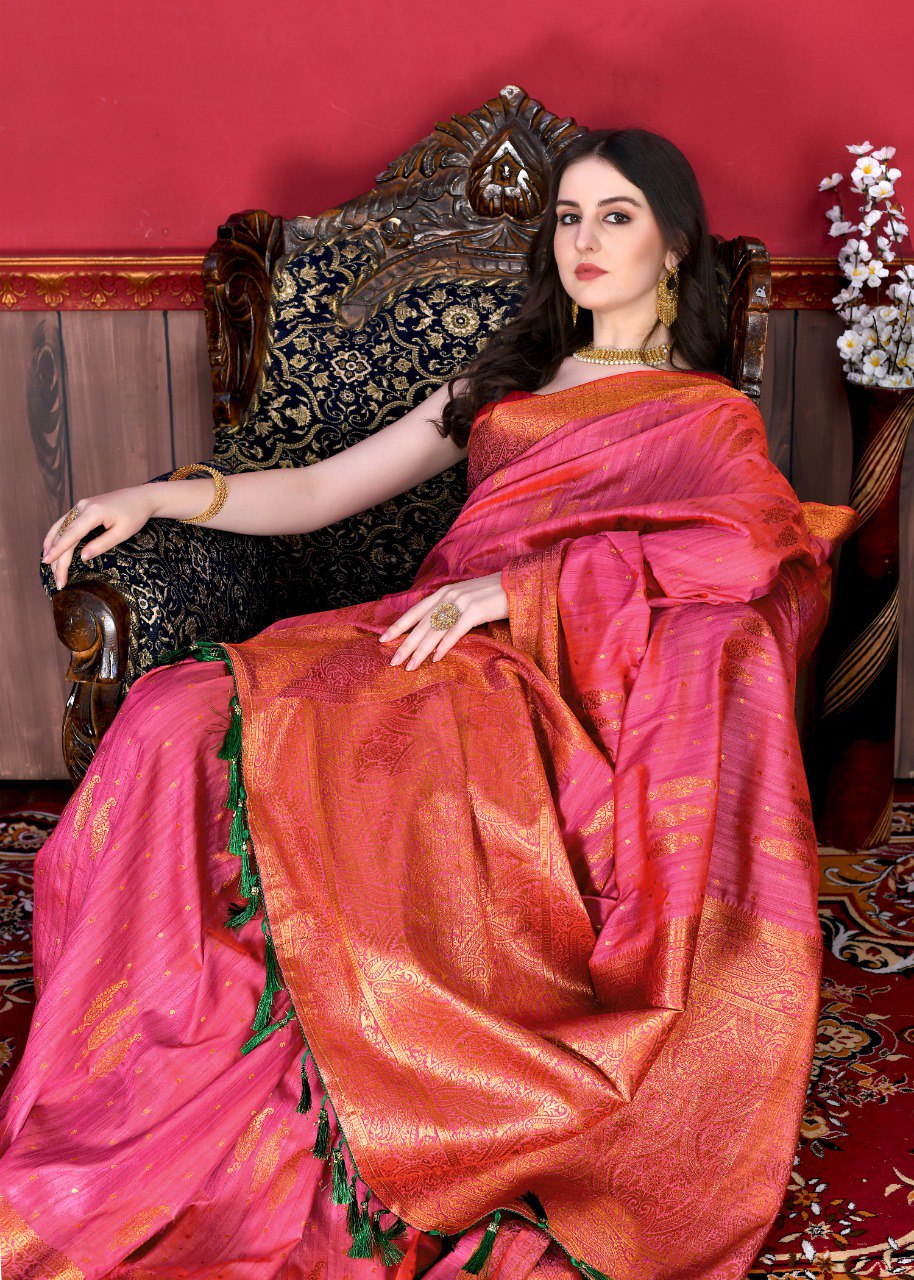 Super extravagant Pink Soft Banarasi Silk Saree With Embellished Blouse Piece