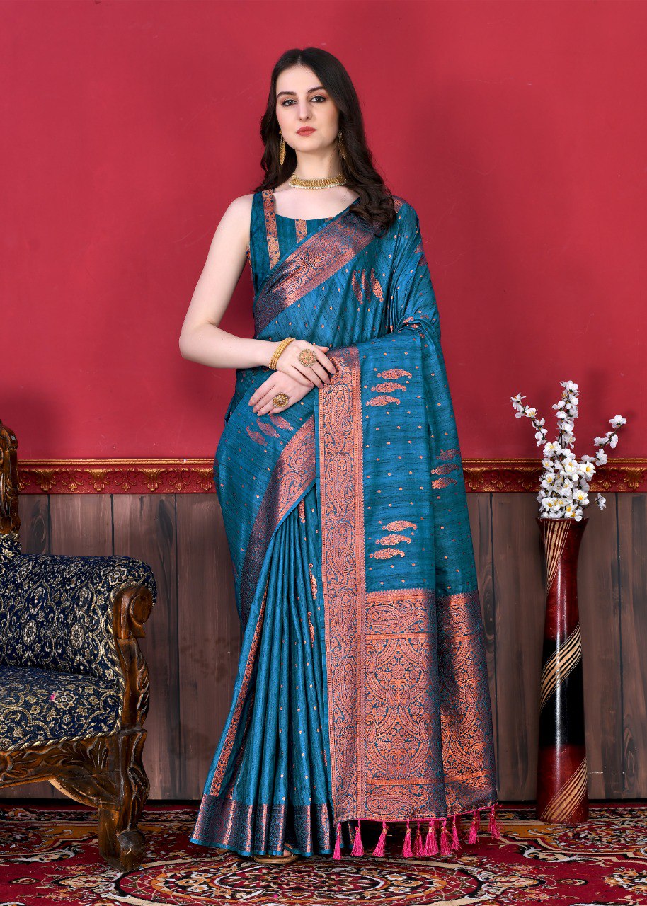 Redolent Teal Blue Soft Banarasi Silk Saree With Angelic Blouse Piece