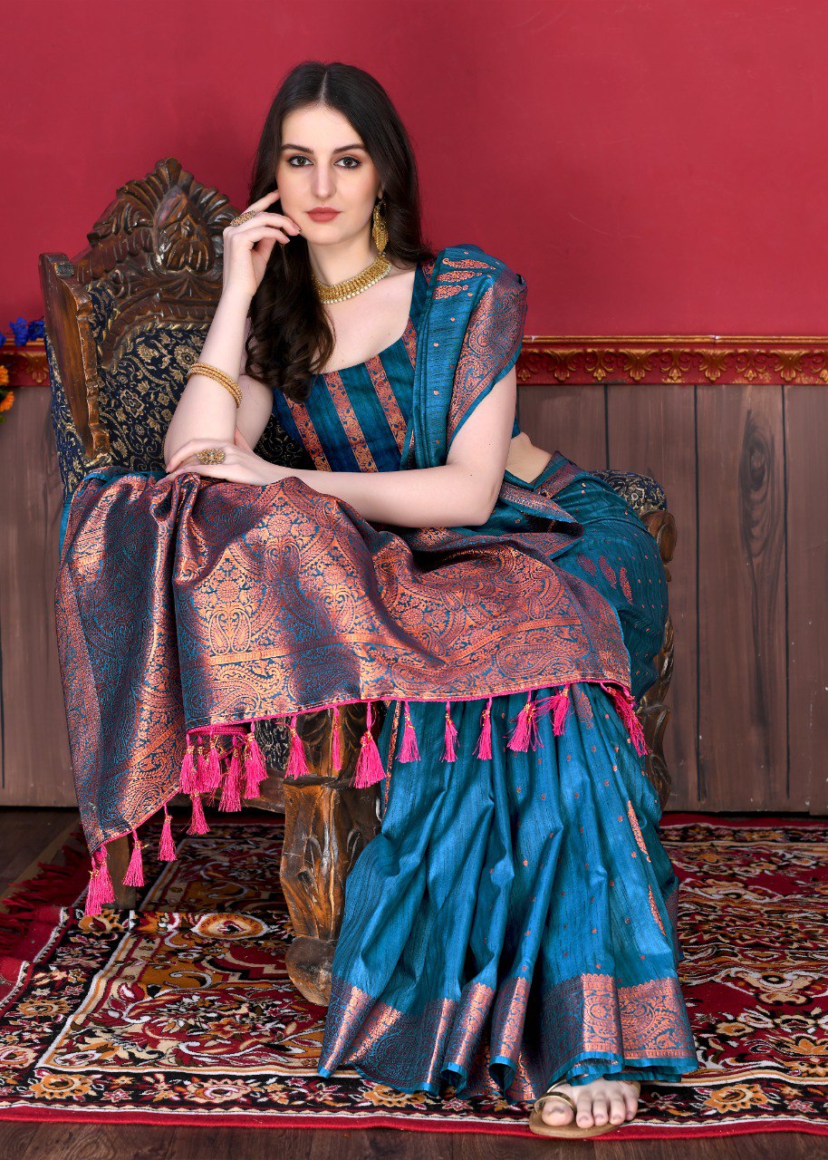 Redolent Teal Blue Soft Banarasi Silk Saree With Angelic Blouse Piece