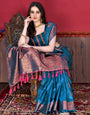 Redolent Teal Blue Soft Banarasi Silk Saree With Angelic Blouse Piece