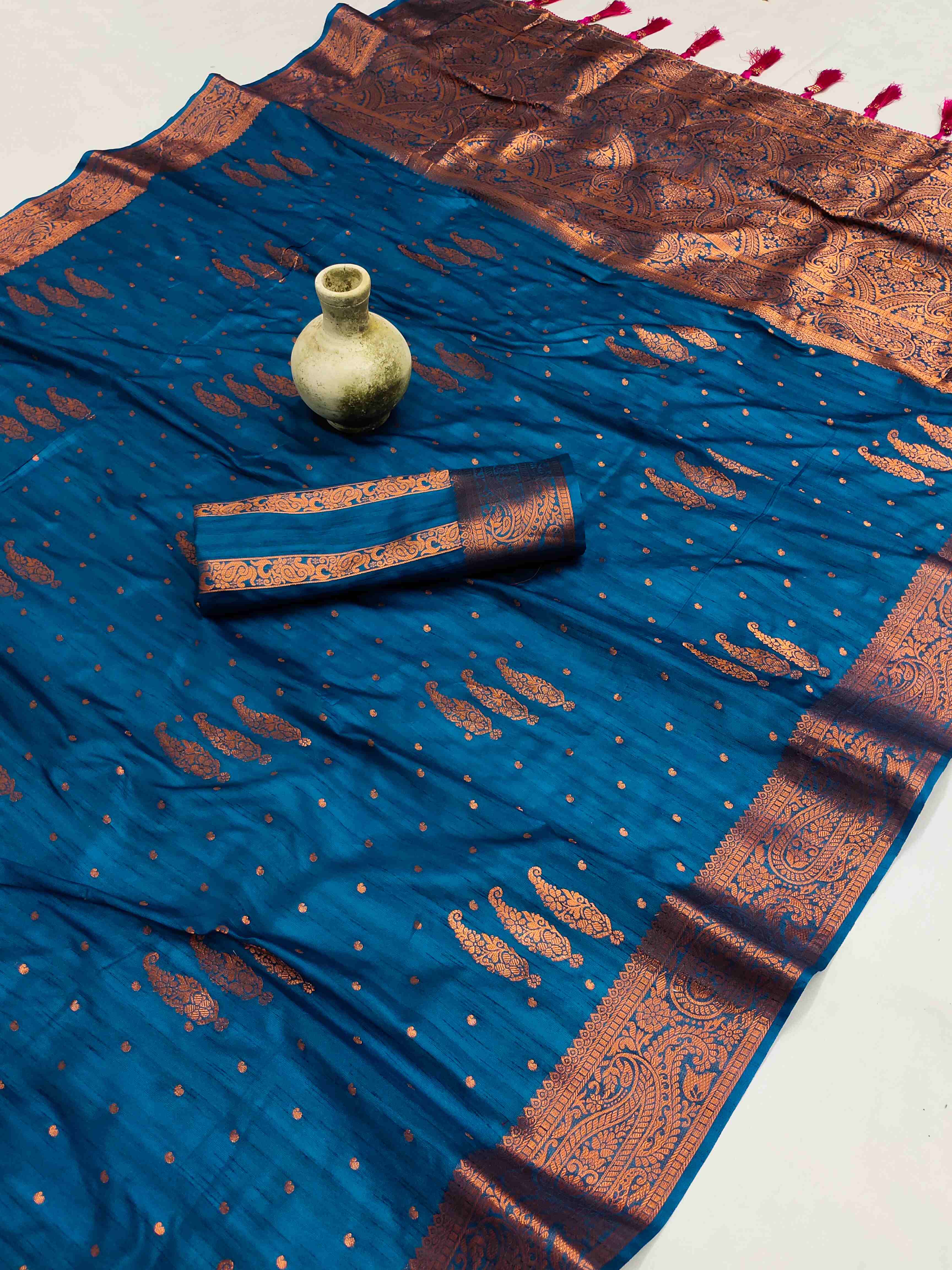 Redolent Teal Blue Soft Banarasi Silk Saree With Angelic Blouse Piece